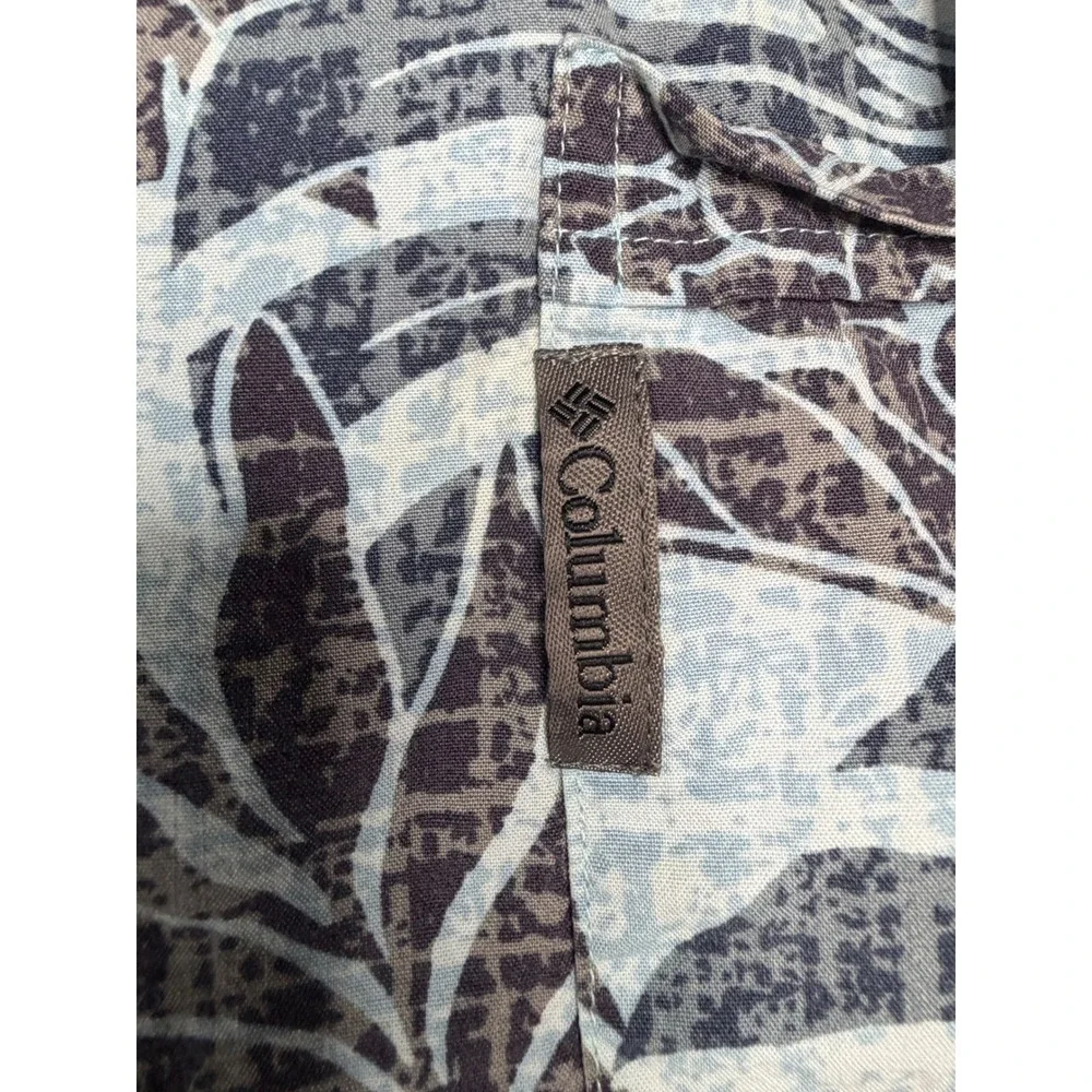 Columbia Mens XL‎ Tropical Monstera Palm Leaf Print Button Up Shirt Blue AM7230